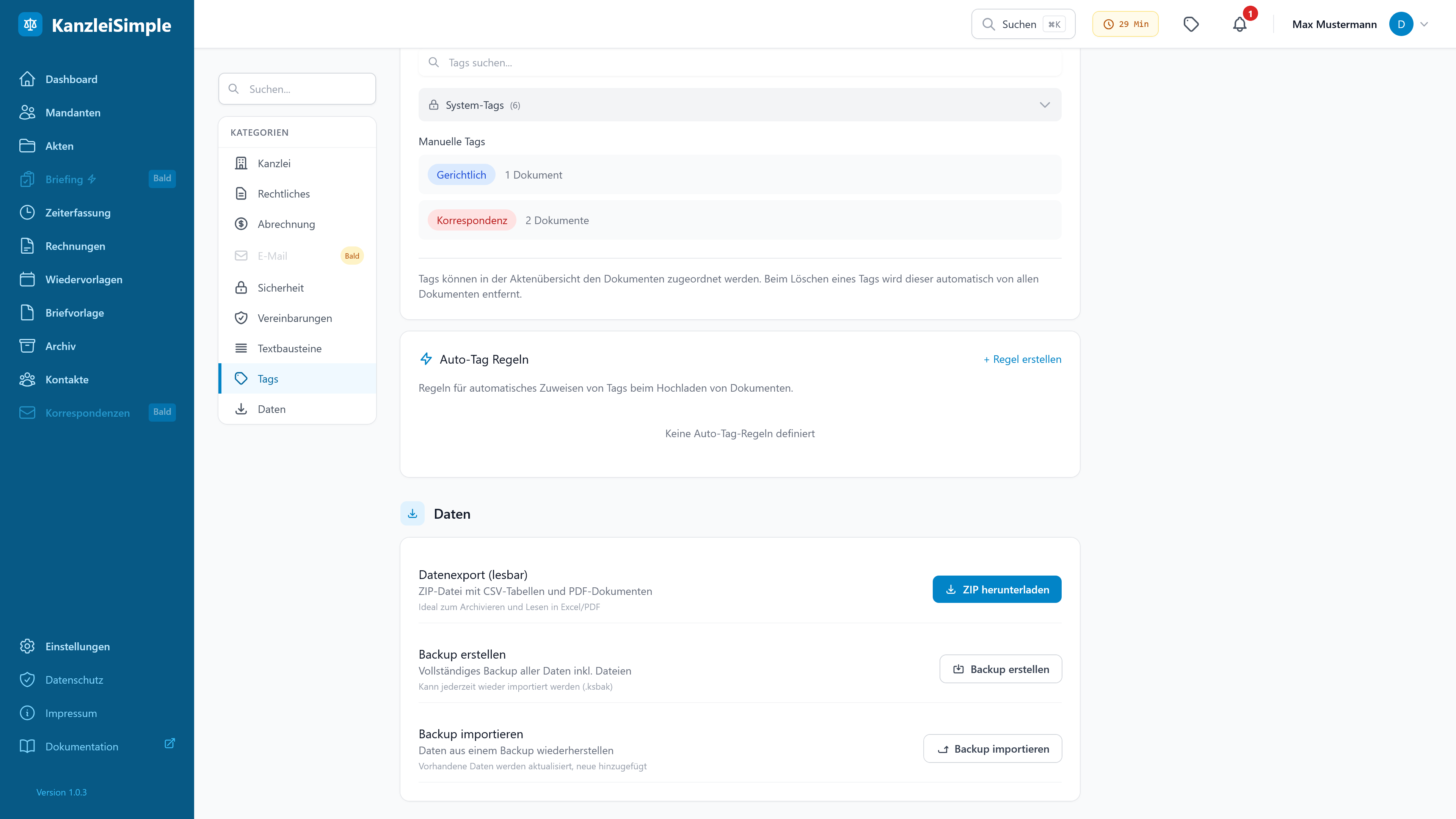 Backup erstellen – Einstellungen → Backup & Daten