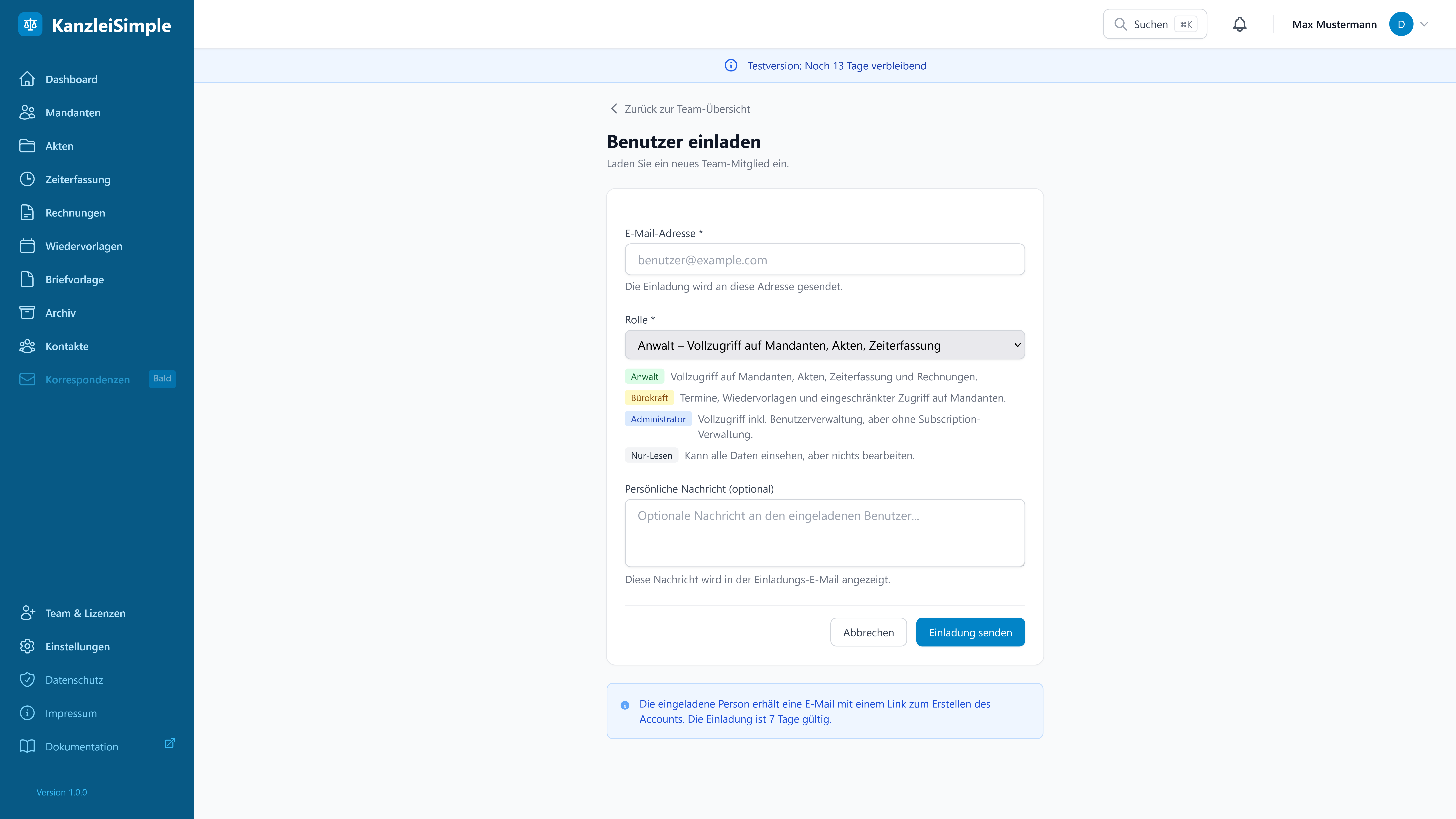 Benutzer einladen Dialog