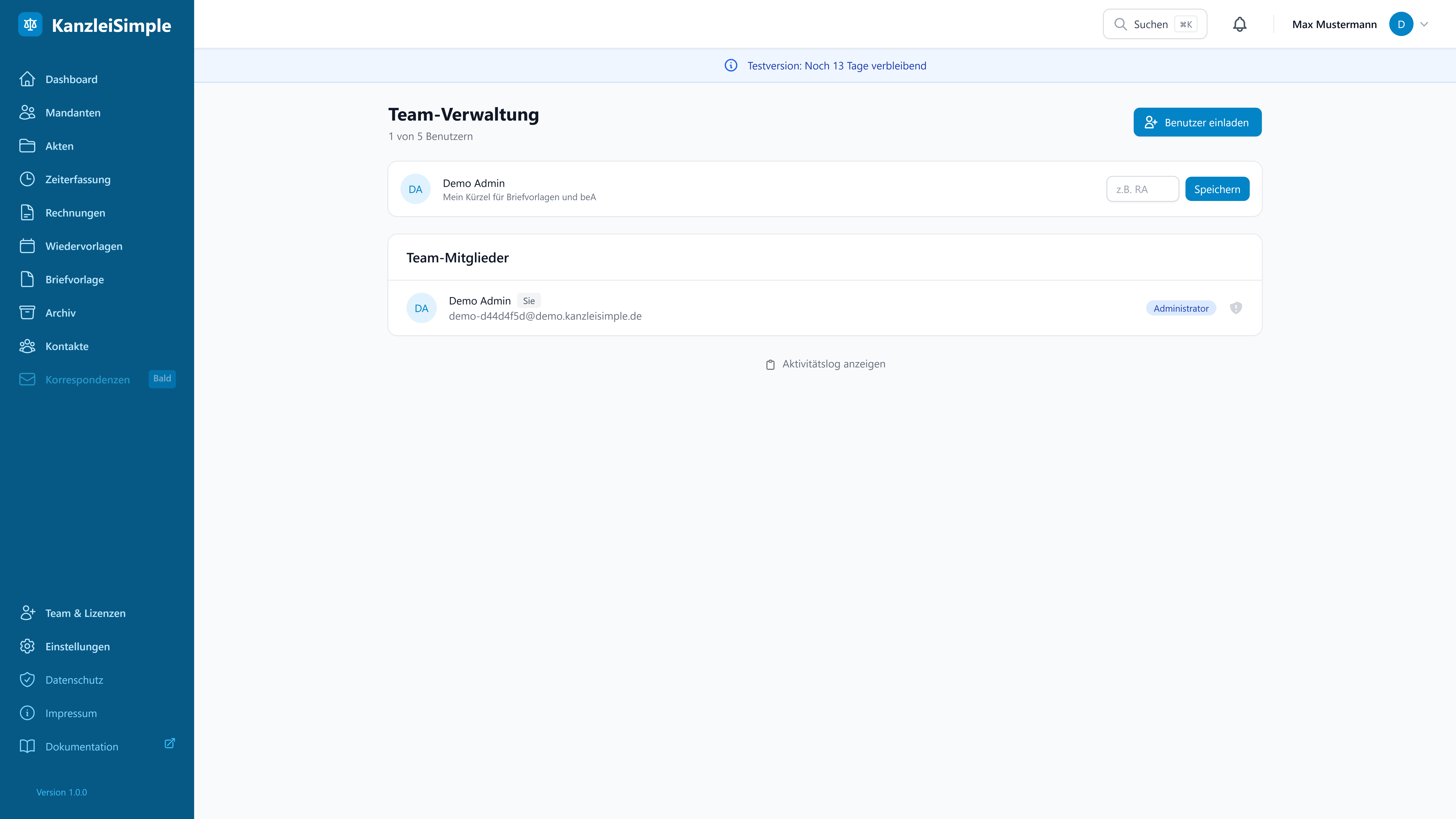 Benutzerverwaltung - Übersicht aller Teammitglieder
