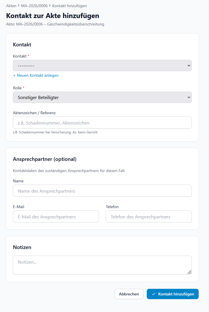 Kontakt mit Akte verknüpfen
