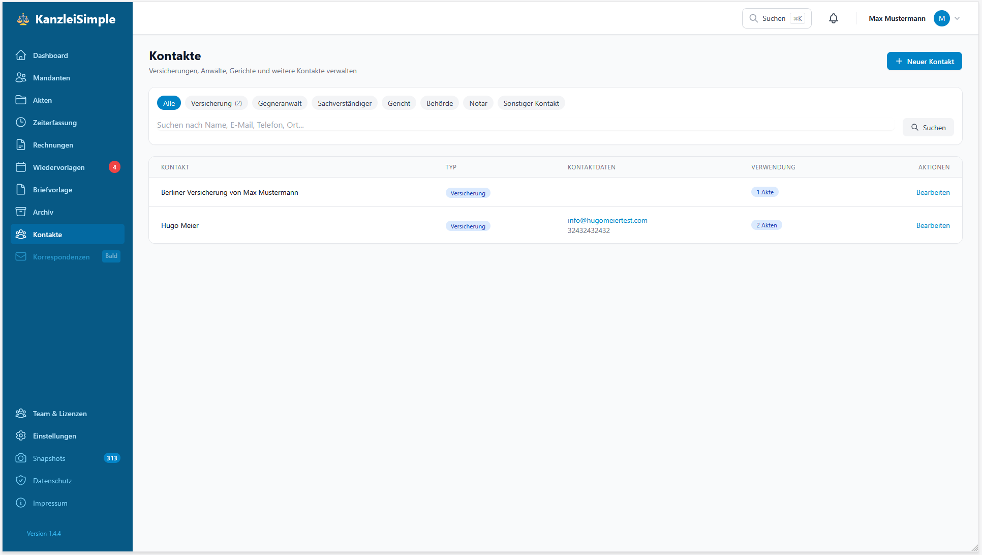 Kontaktliste in KanzleiSimple