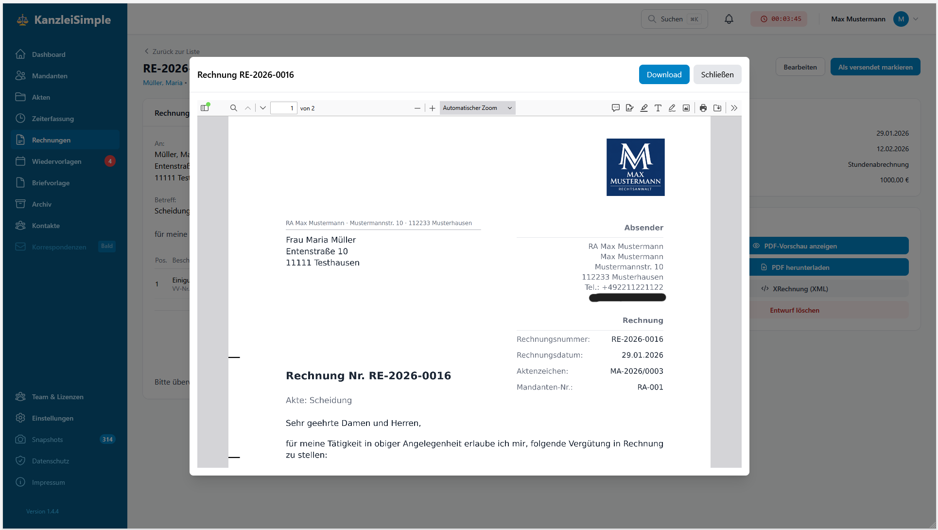 PDF-Vorschau einer Rechnung