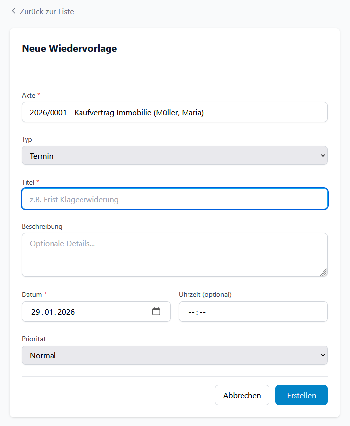 Formular für neue Wiedervorlage
