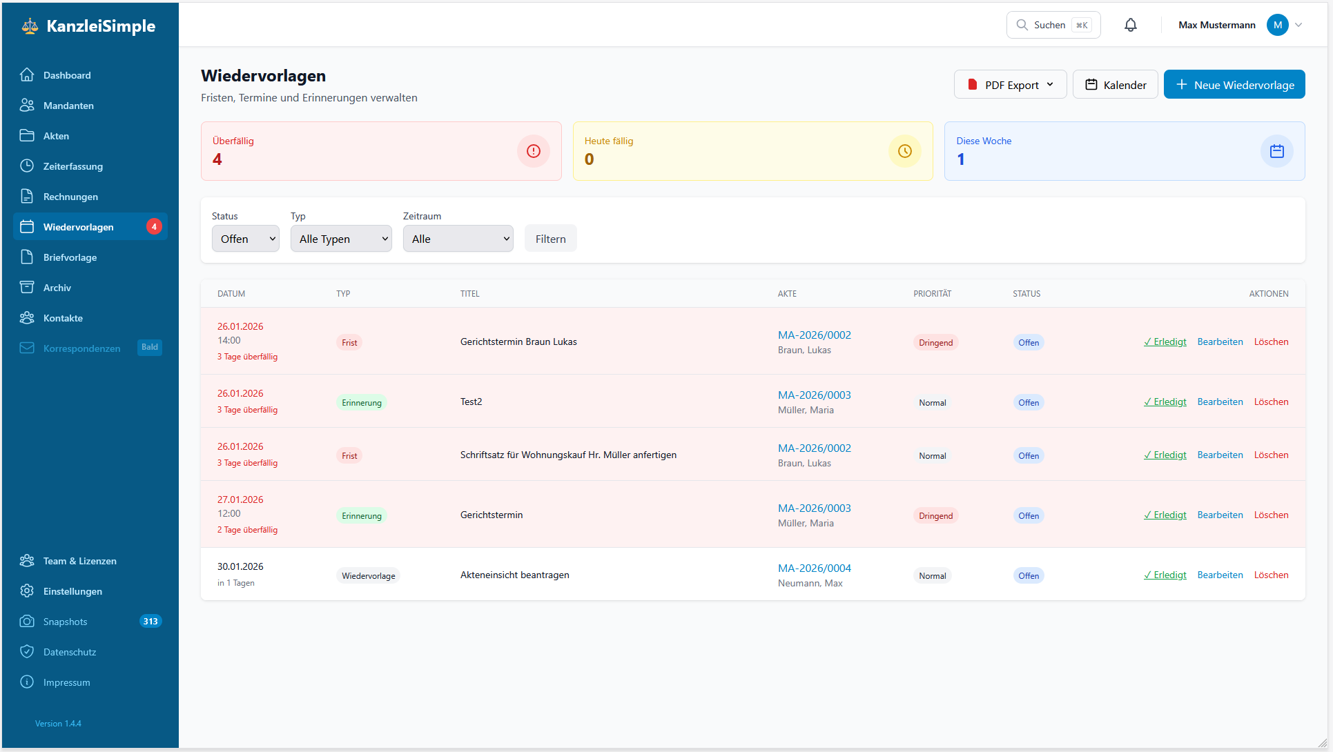 Wiedervorlagenübersicht
